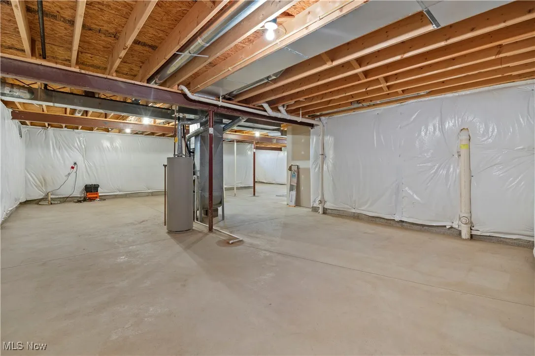 Unfinished basement with water heater and heating unit