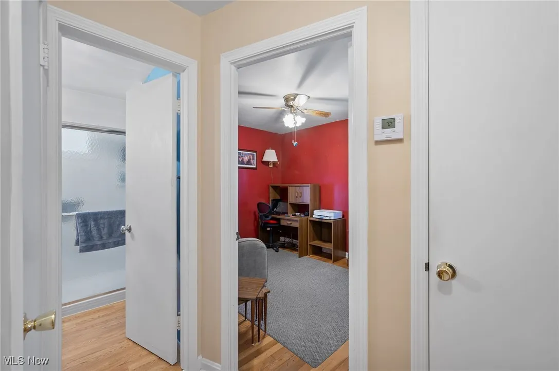 First floor hallway looking into the one bedroom and full bathroom!