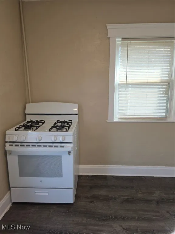Kitchen featuring stove and dark wood finished floors