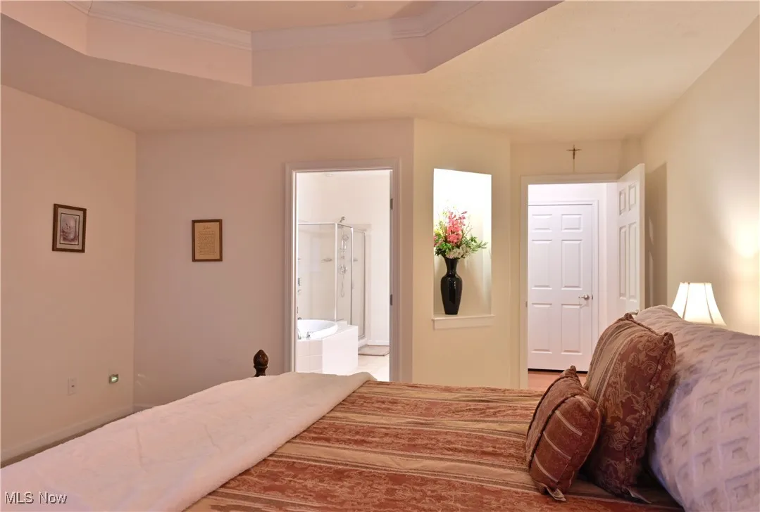 Bedroom with a tray ceiling, ornamental molding, and connected bathroom