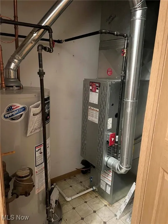 Utility room featuring gas water heater and heating unit