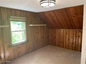 Bonus room featuring wood walls and lofted ceiling
