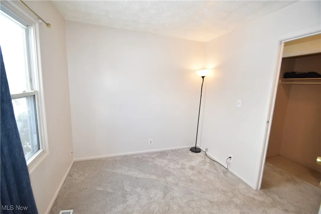 Unfurnished bedroom with light carpet, a spacious closet, and a textured ceiling