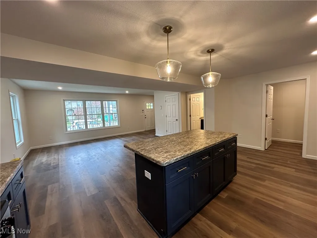 Kitchen featuring recessed lighting, decorative light fixtures, dark wood-style floors, a kitchen island, and open floor plan