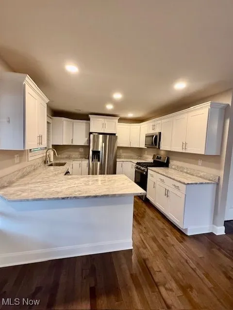 Kitchen with white cabinets, dark wood-style floors, stainless steel appliances, a peninsula, and recessed lighting