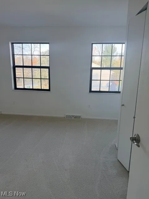 Spare room with light colored carpet and baseboards