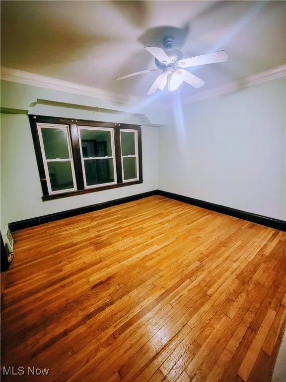 Empty room featuring ornamental molding, light wood finished floors, and ceiling fan