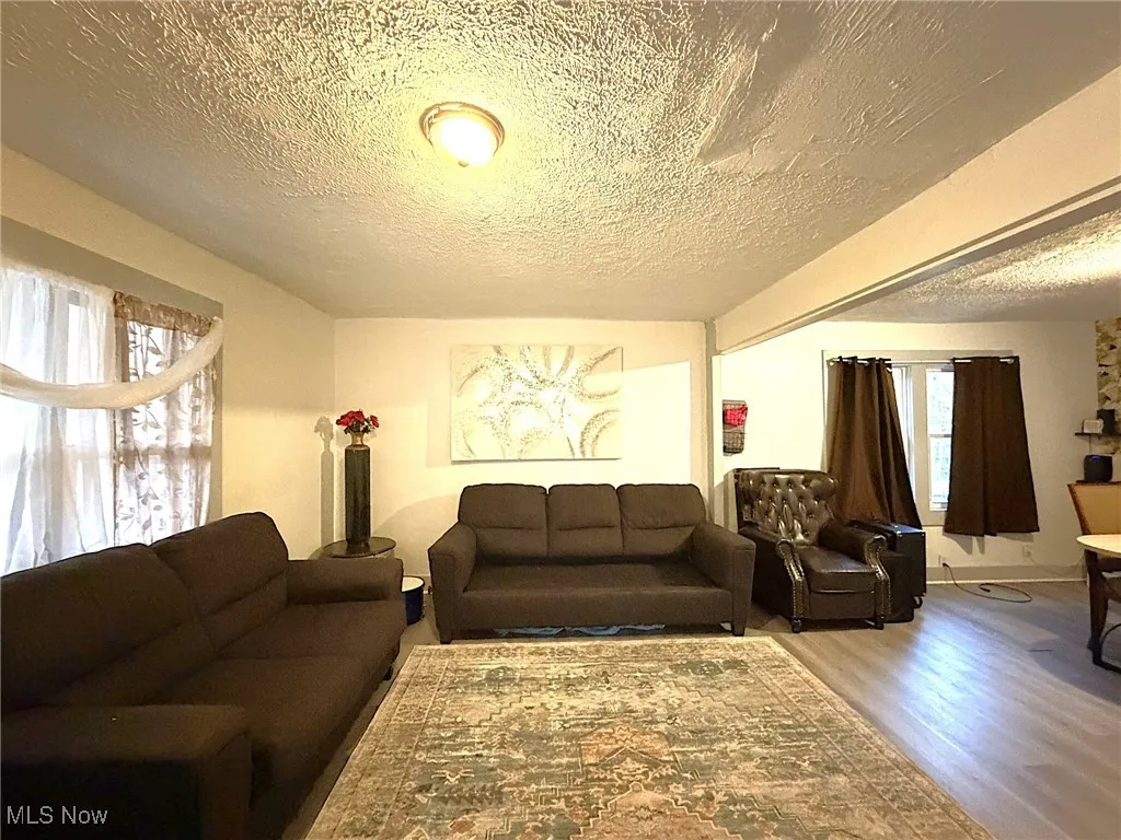 Living room with a textured ceiling and wood finished floors