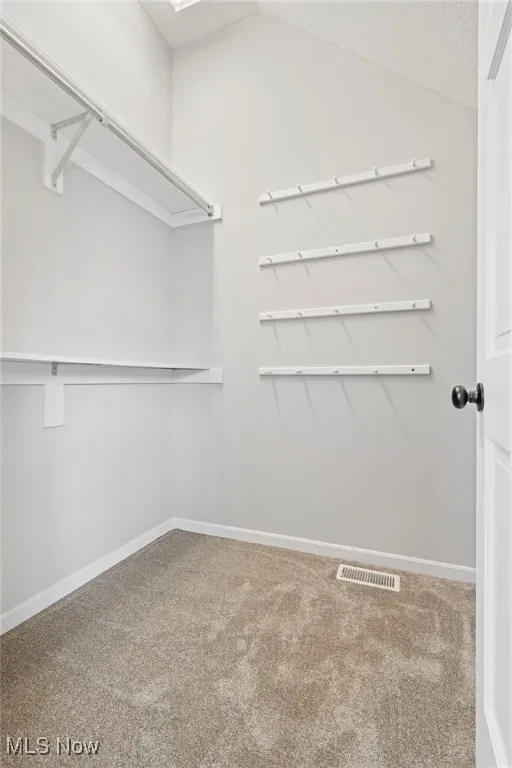 Walk in closet featuring light colored carpet and vaulted ceiling