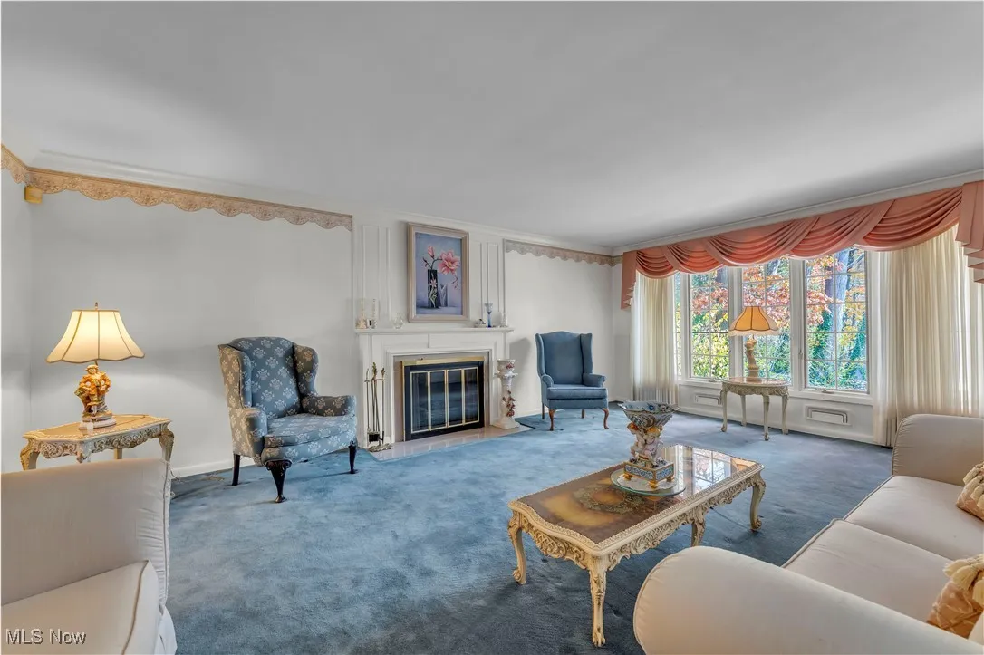 Carpeted living room with a glass covered fireplace and ornamental molding