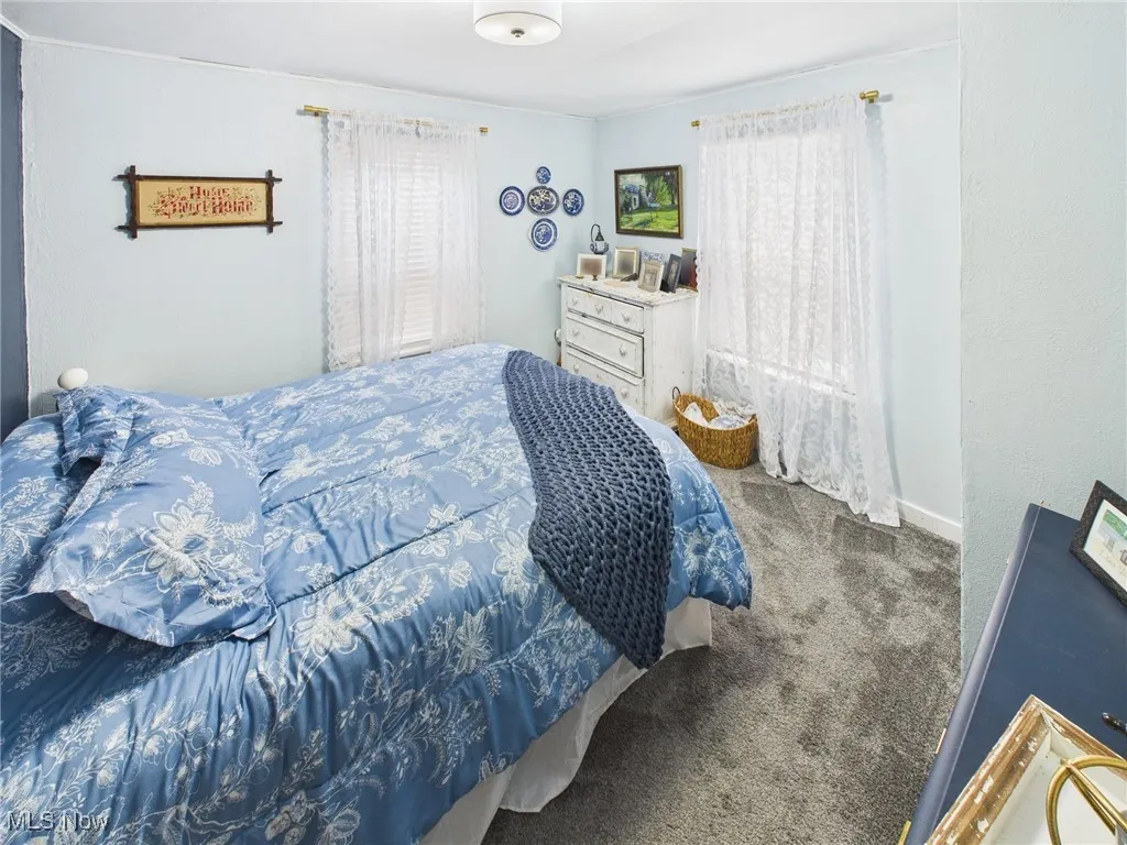 Carpeted bedroom featuring multiple windows