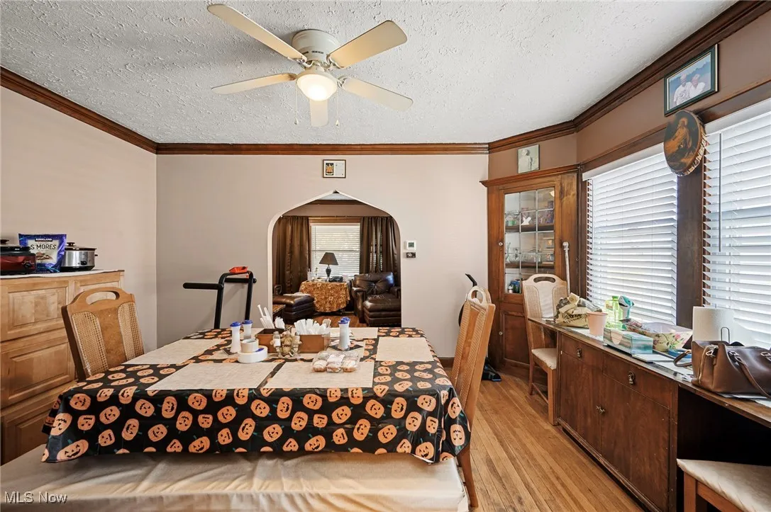 Dining space with crown molding, a textured ceiling, light wood-type flooring, arched walkways, and ceiling fan