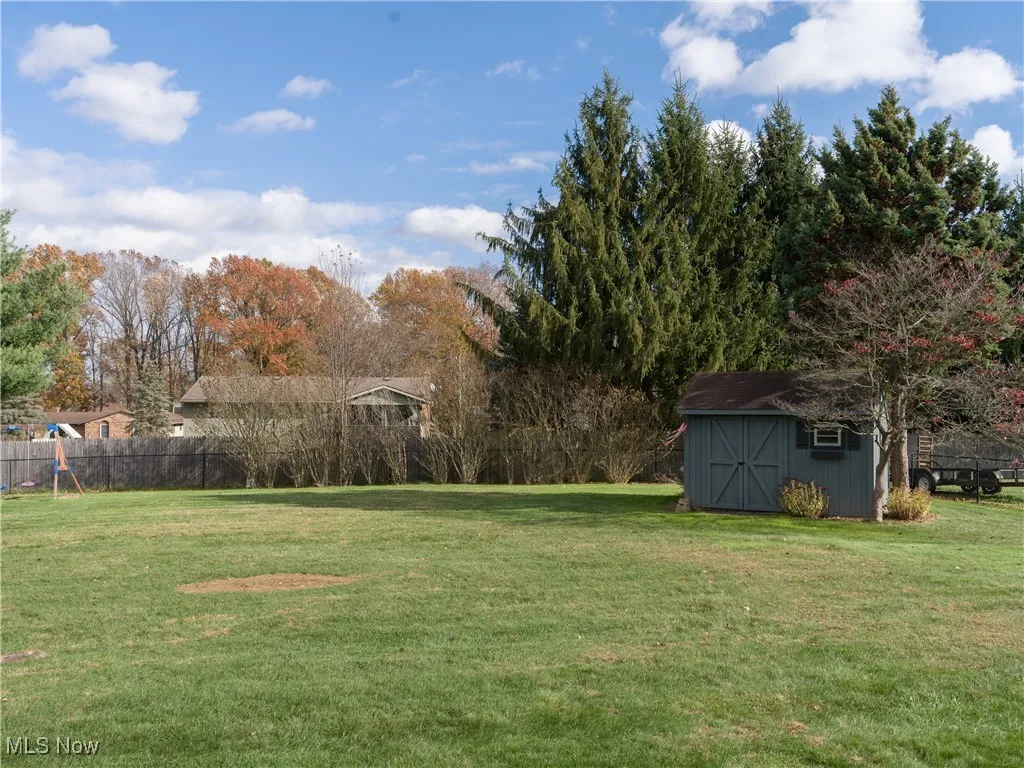 View of yard featuring a shed and view of scattered trees