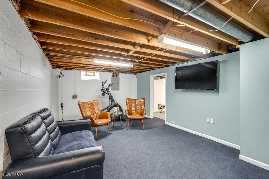 Sitting room with carpet floors and electric panel