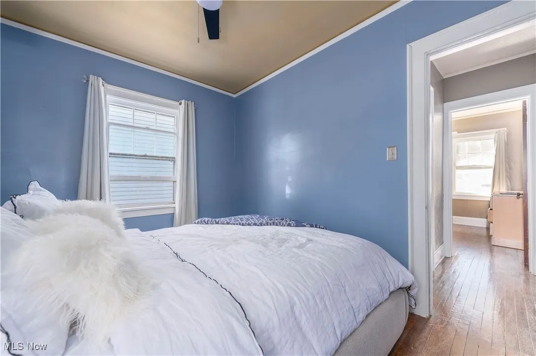 Bedroom featuring hardwood / wood-style flooring, ornamental molding, and ceiling fan