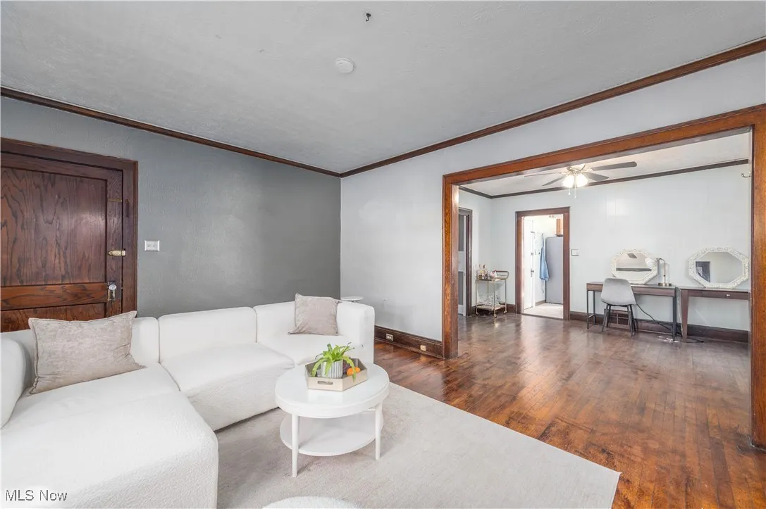 Living area with dark wood finished floors, crown molding, and a ceiling fan