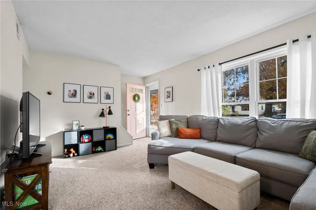 Living room with carpet floors, healthy amount of natural light, and a textured ceiling