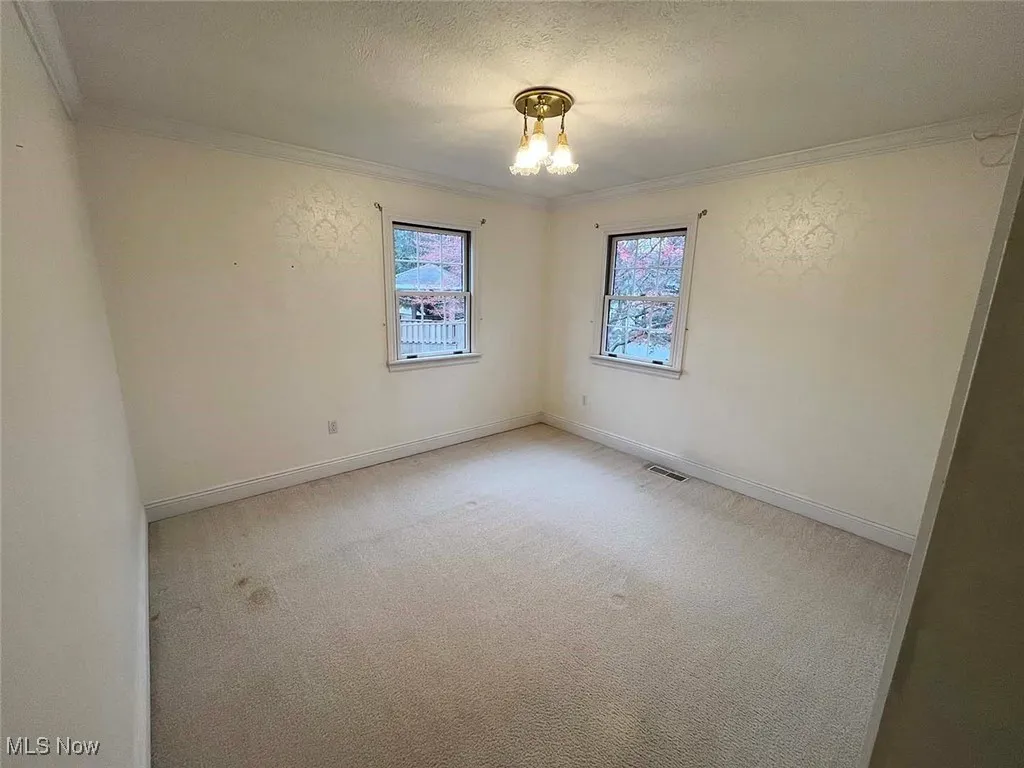 Bedroom featuring carpet flooring, ornamental molding, and a textured ceiling
