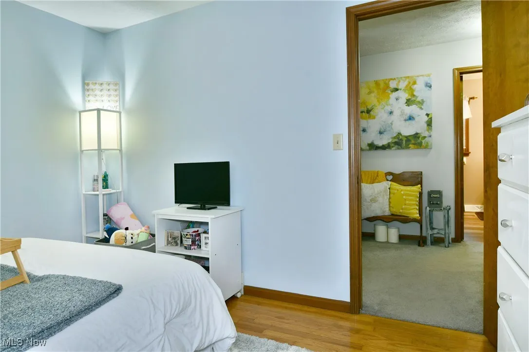 Bedroom featuring wood finished floors and carpet