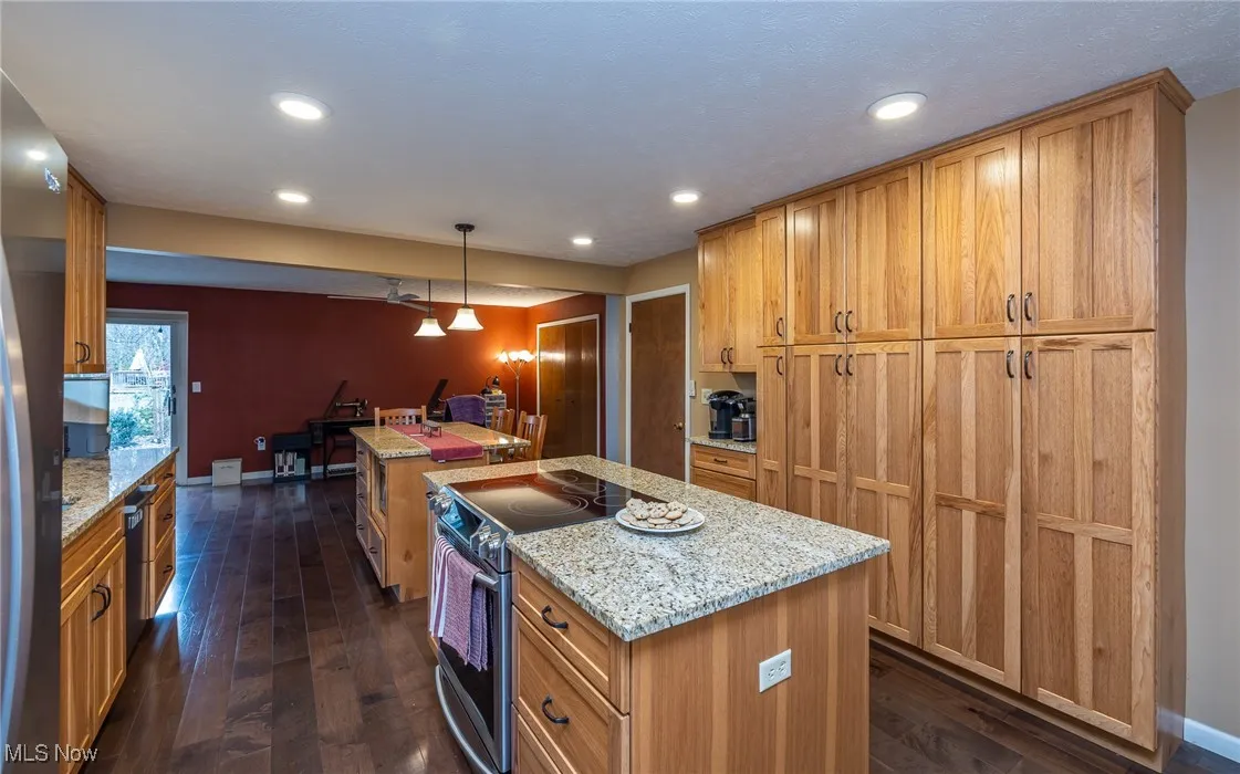 Kitchen featuring stainless steel appliances, light stone counters, decorative light fixtures, dark wood finished floors, and recessed lighting