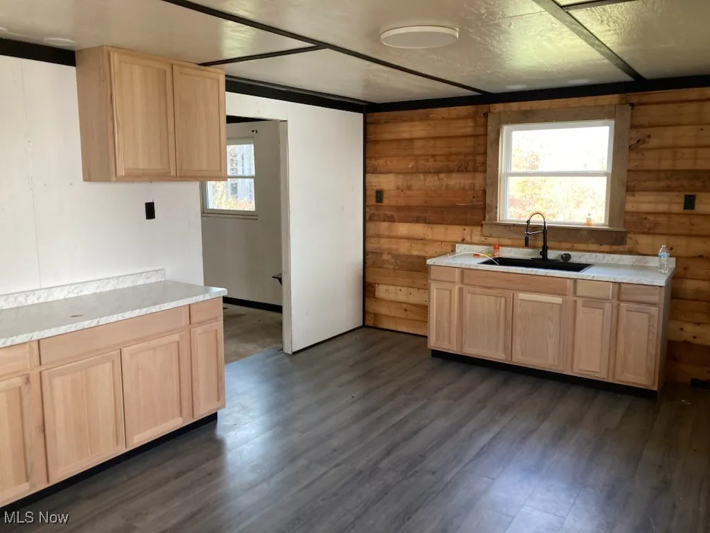 Kitchen featuring light brown cabinets, wood walls, light countertops, healthy amount of natural light, and dark wood-style flooring