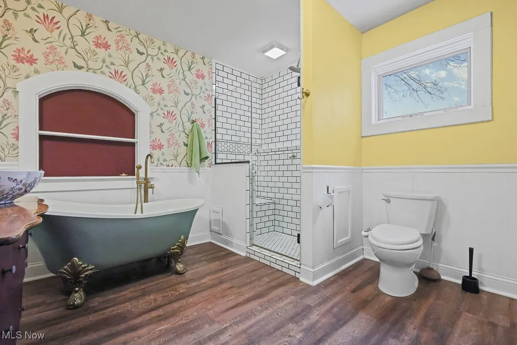 Full bath with a wainscoted wall, a stall shower, a soaking tub, dark wood-style floors, and vanity