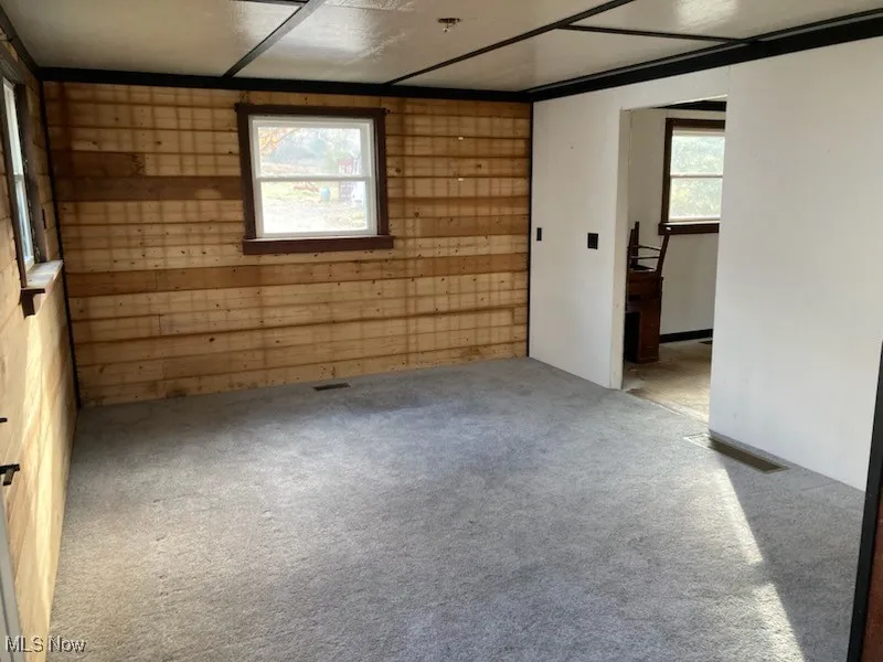 Carpeted spare room featuring wood walls