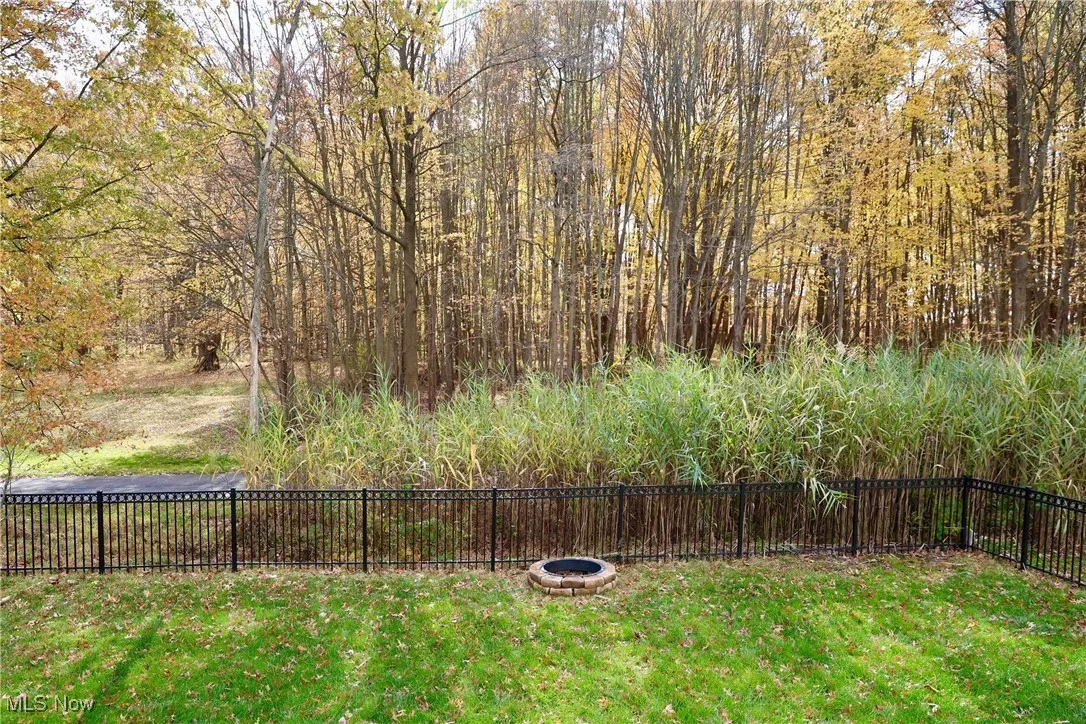 Fenced backyard with a view of trees and a fire pit