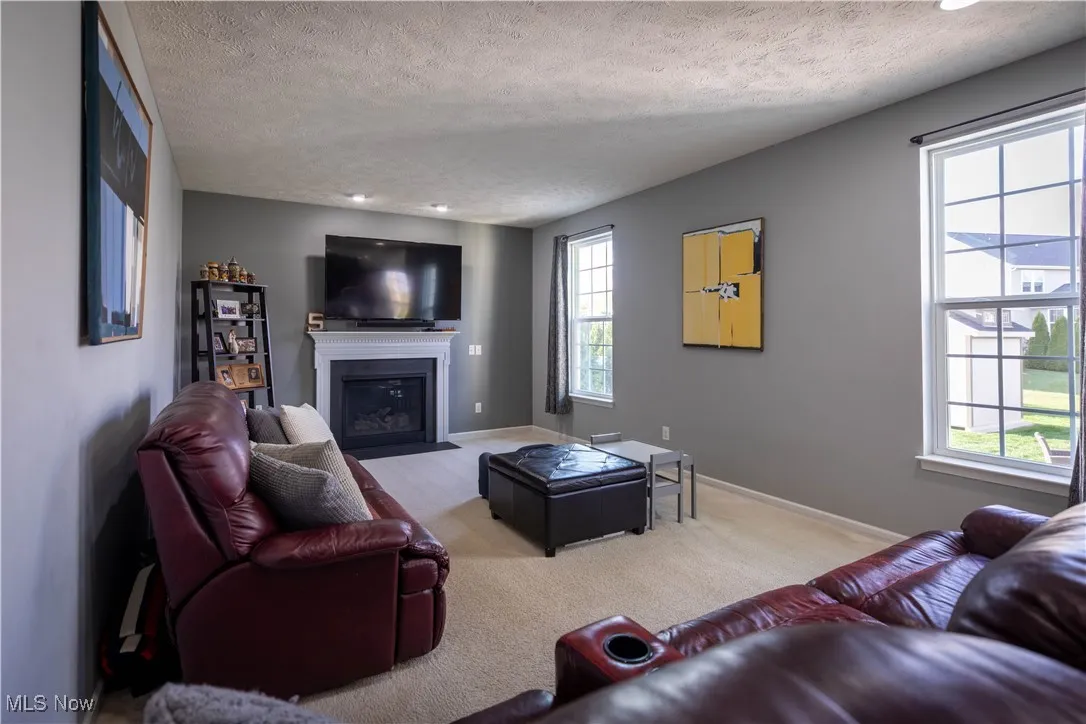 Living room featuring a fireplace with flush hearth, light colored carpet, and a textured ceiling