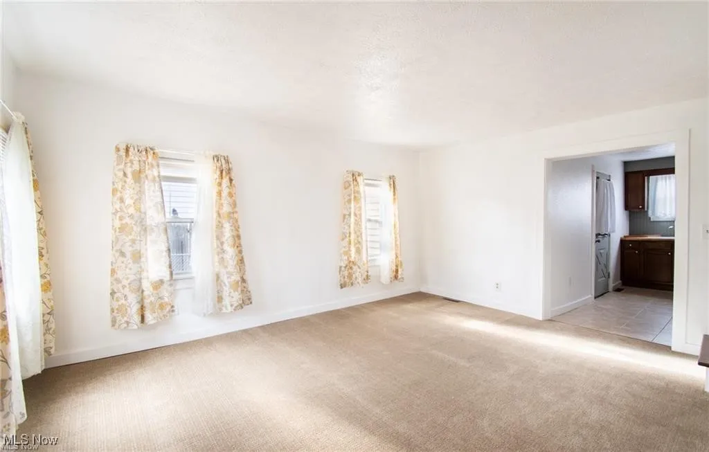 Unfurnished room featuring light colored carpet, healthy amount of natural light, and a textured ceiling