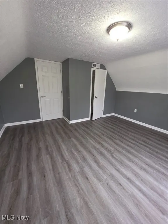 Additional living space featuring lofted ceiling, a textured ceiling, and wood finished floors