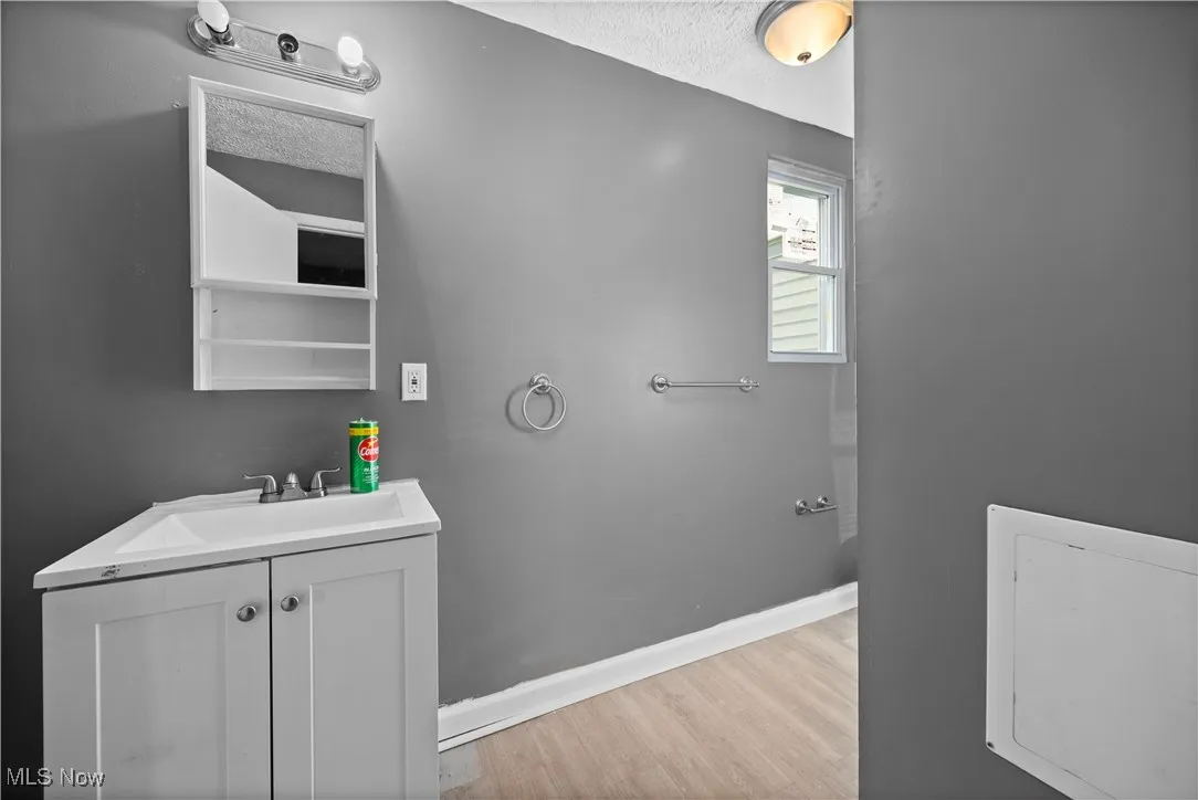 Bathroom with light wood finished floors and vanity
