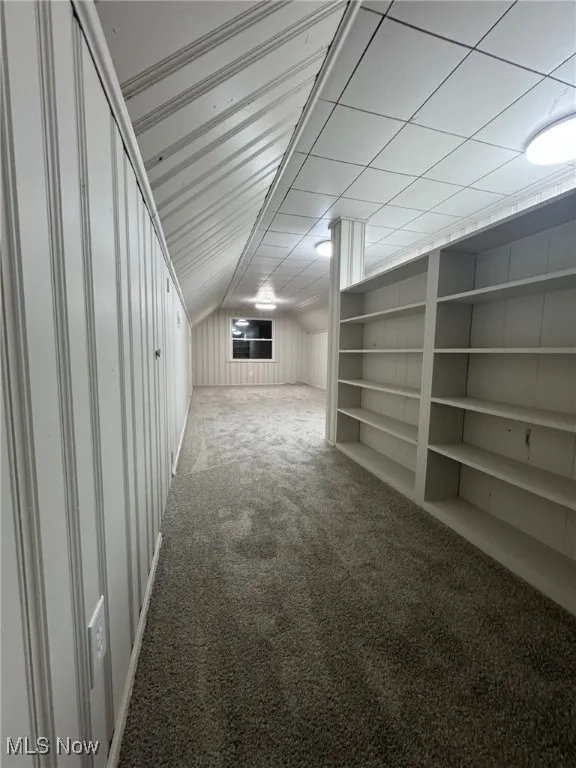Additional living space featuring carpet flooring, vaulted ceiling, and built in features