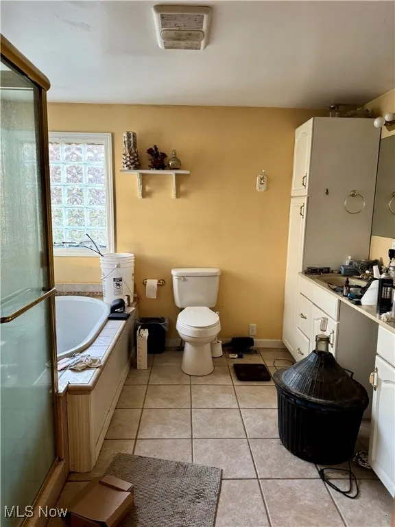 Full bathroom featuring light tile patterned floors, a bath, a shower stall, and vanity