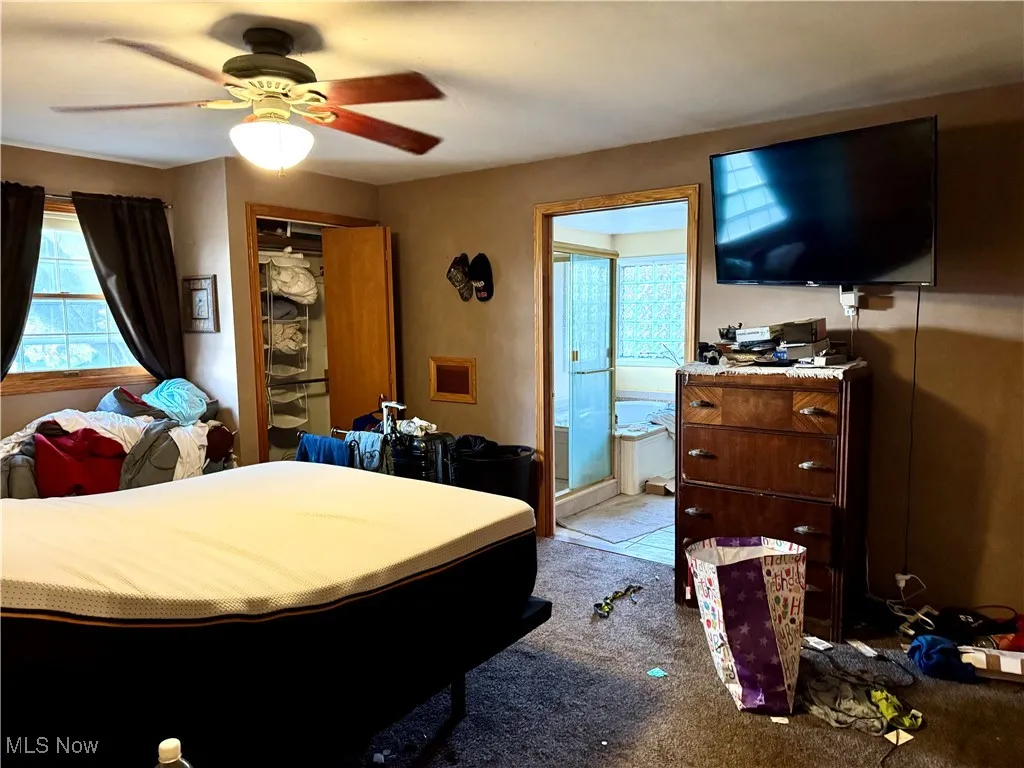 Carpeted bedroom with ceiling fan and multiple windows
