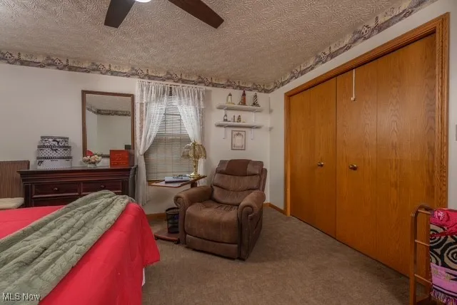 Carpeted master bedroom, closet, and ceiling fan