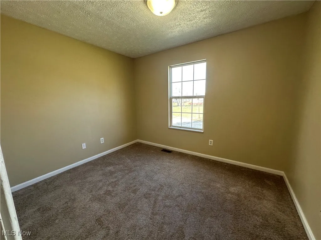 Empty room featuring carpet and a textured ceiling