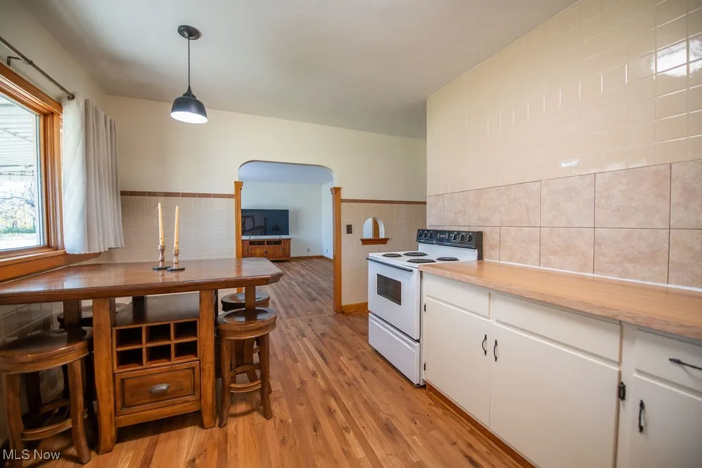 View of kitchen area with butcher block counters