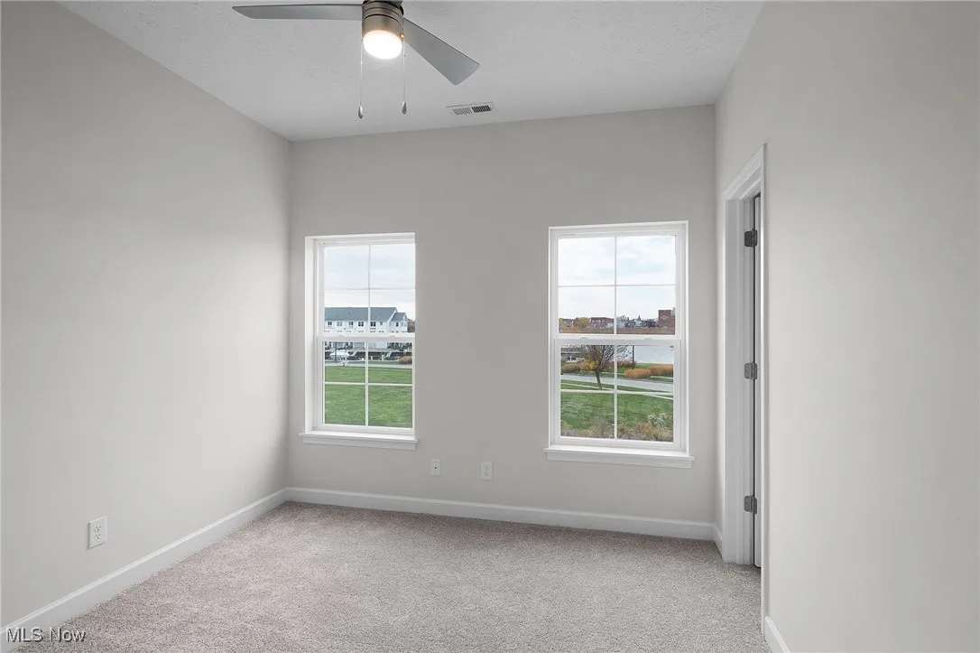 Unfurnished room featuring light carpet, plenty of natural light, and ceiling fan