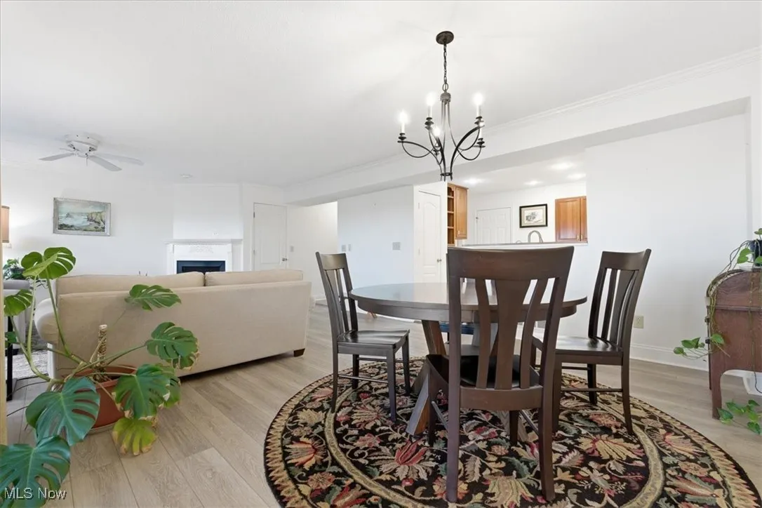 Dining area with light wood-style floors, a fireplace, crown molding, a chandelier, and ceiling fan