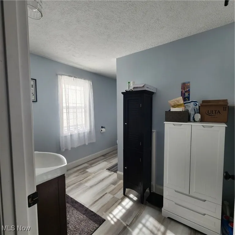 Bathroom featuring vanity, a textured ceiling, and light wood finished floors