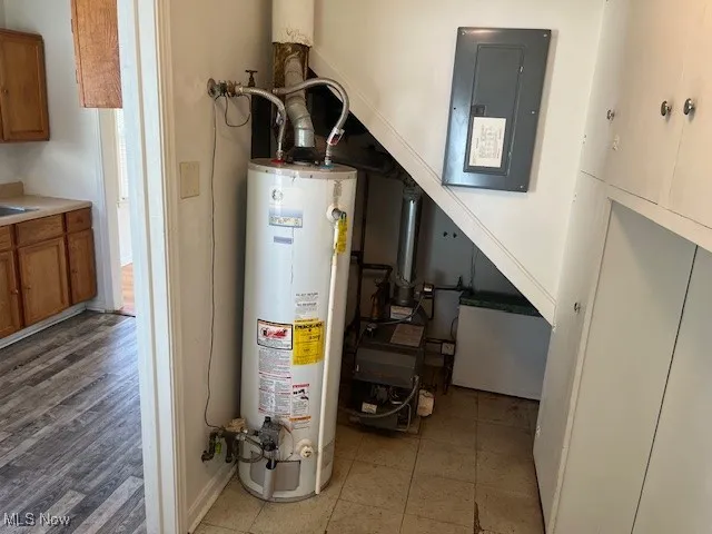 Utility room with electric panel and gas water heater