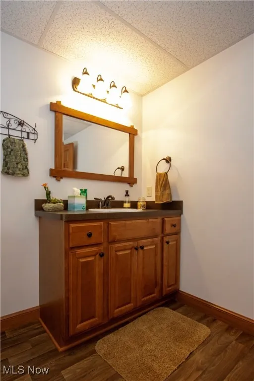 Bathroom with vanity, dark wood-style flooring, and a drop ceiling