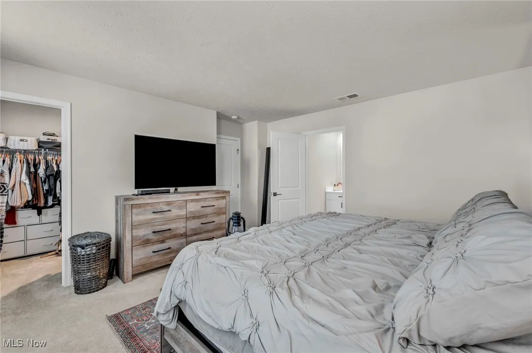 Carpeted bedroom with a walk in closet and a textured ceiling