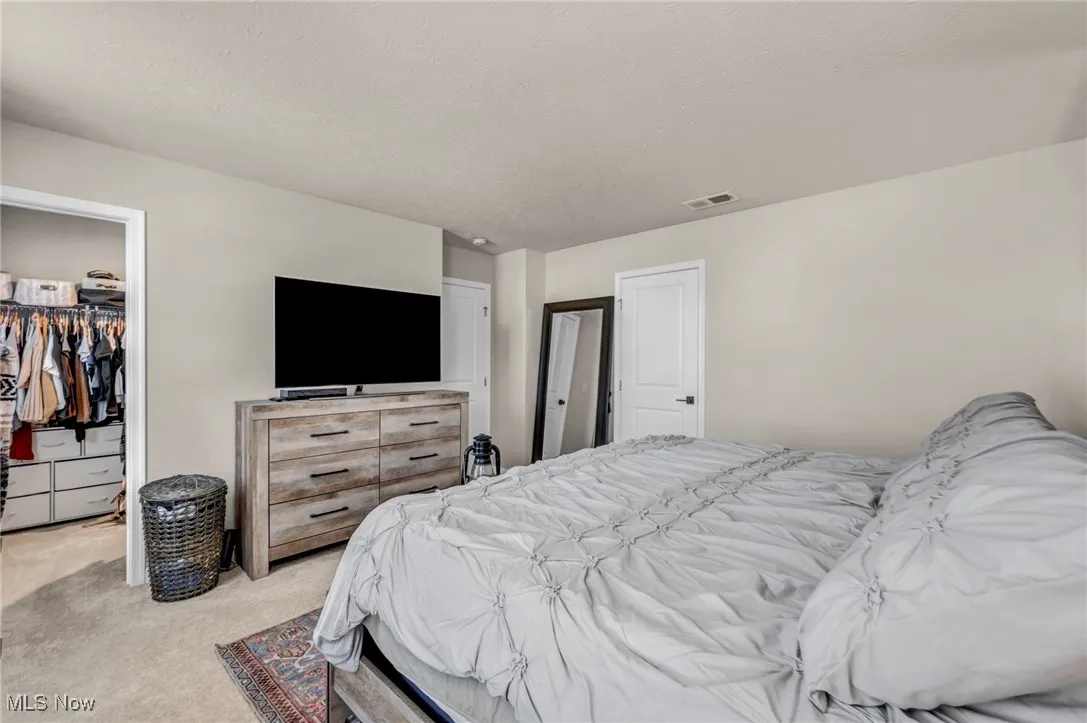 Carpeted bedroom featuring a spacious closet and a textured ceiling