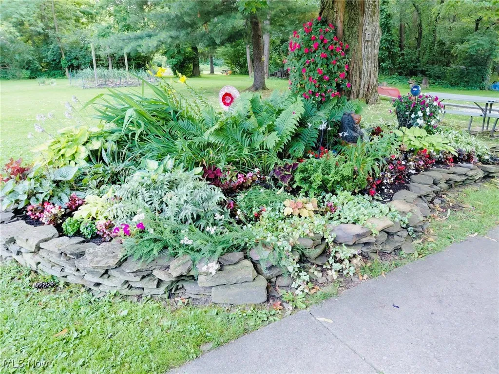 View of grassy yard and flowers galore in the Springtime!