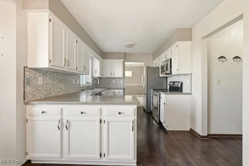 Kitchen featuring a peninsula, stainless steel appliances, dark wood-style flooring, white cabinetry, and backsplash