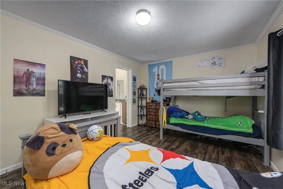 Bedroom with dark wood-type flooring, crown molding, and a textured ceiling