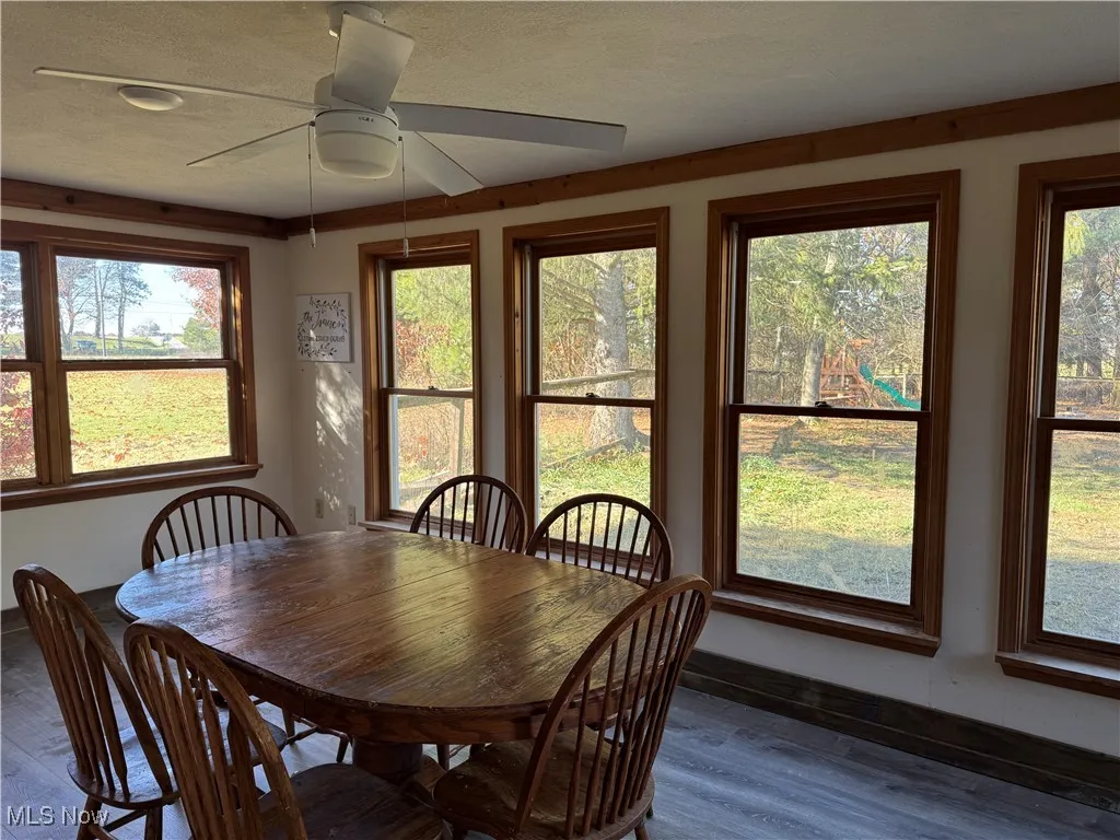 Dining area with dark wood-style flooring, healthy amount of natural light, a ceiling fan, and a textured ceiling