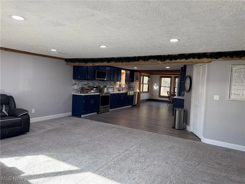 Bar with blue cabinetry, light countertops, dark colored carpet, appliances with stainless steel finishes, and a textured ceiling